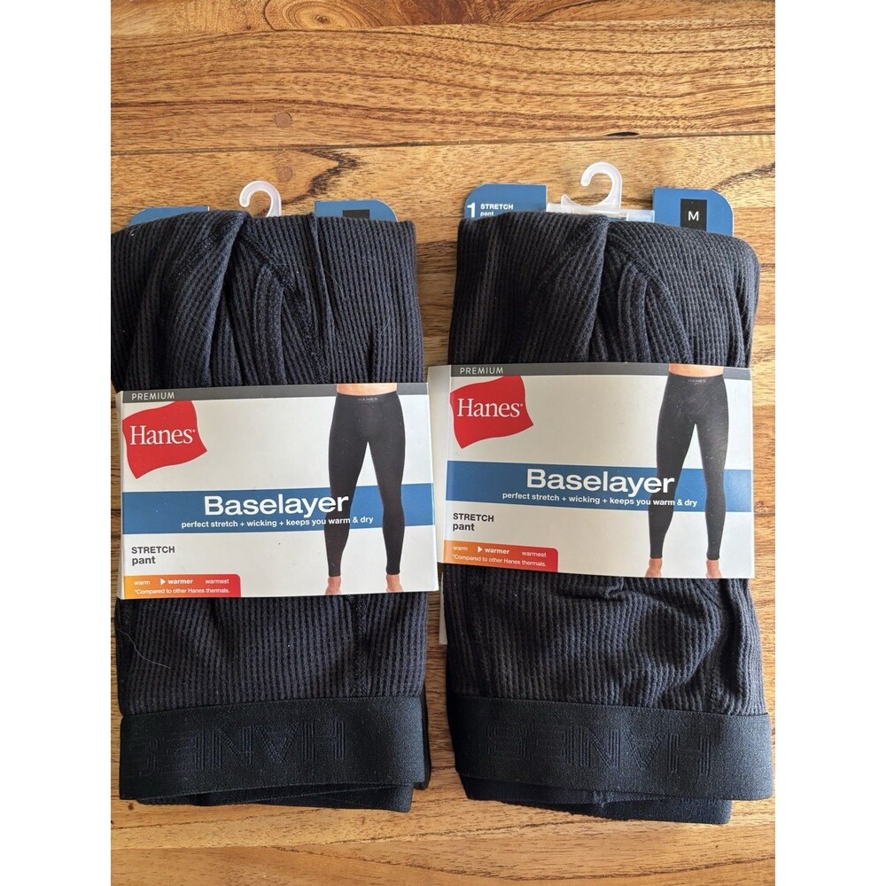 NWT Lot Of 2 Hanes Baselayer Mens Premium Thermal Stretch Pants Black Medium